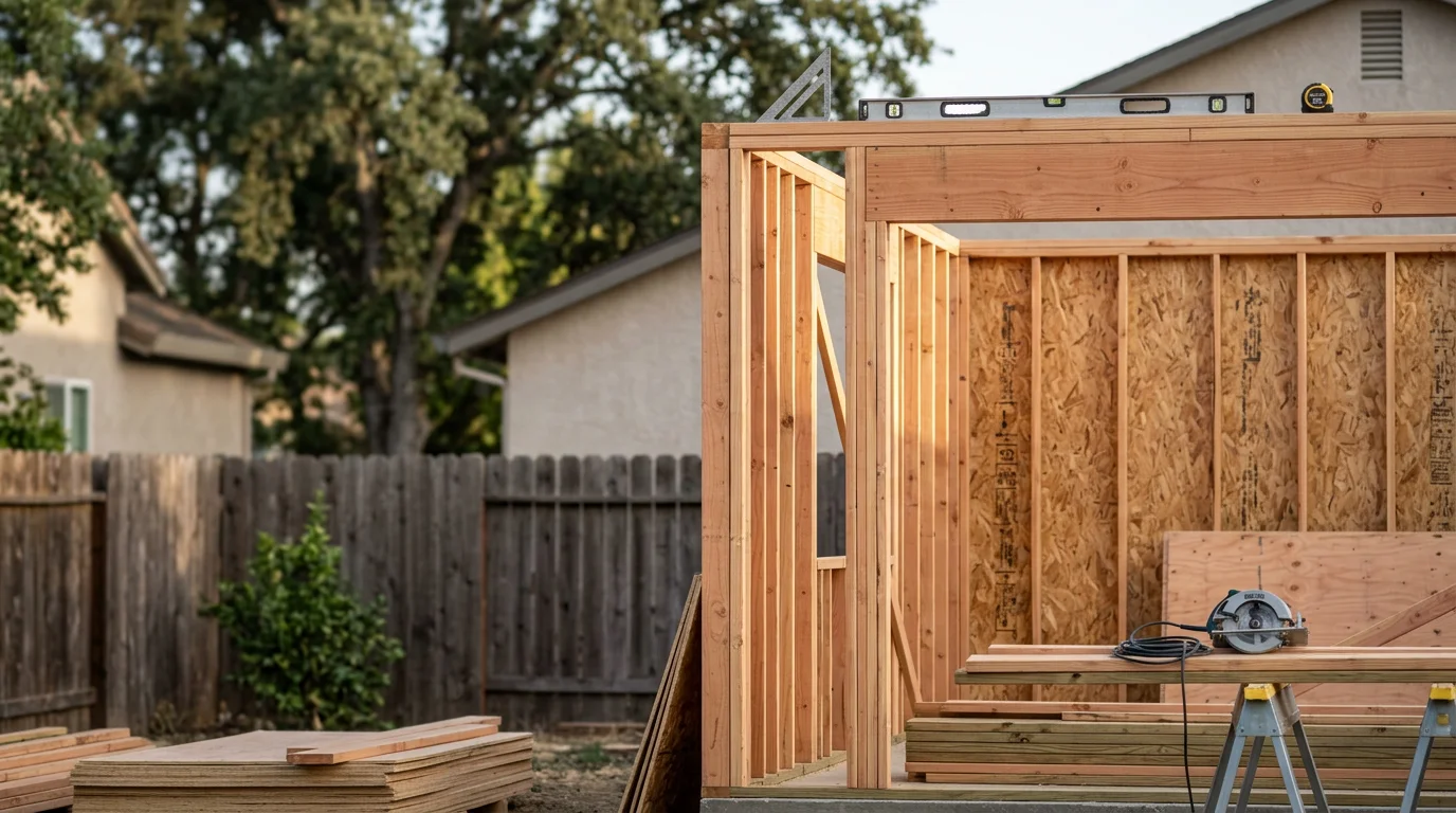 A newly constructed detached wooden workshop with a gabled roof and double doors, built on a residential lot in Lodi, California. The structure sits on a concrete slab with clean framing and a finished exterior, surrounded by a neatly maintained backyard.