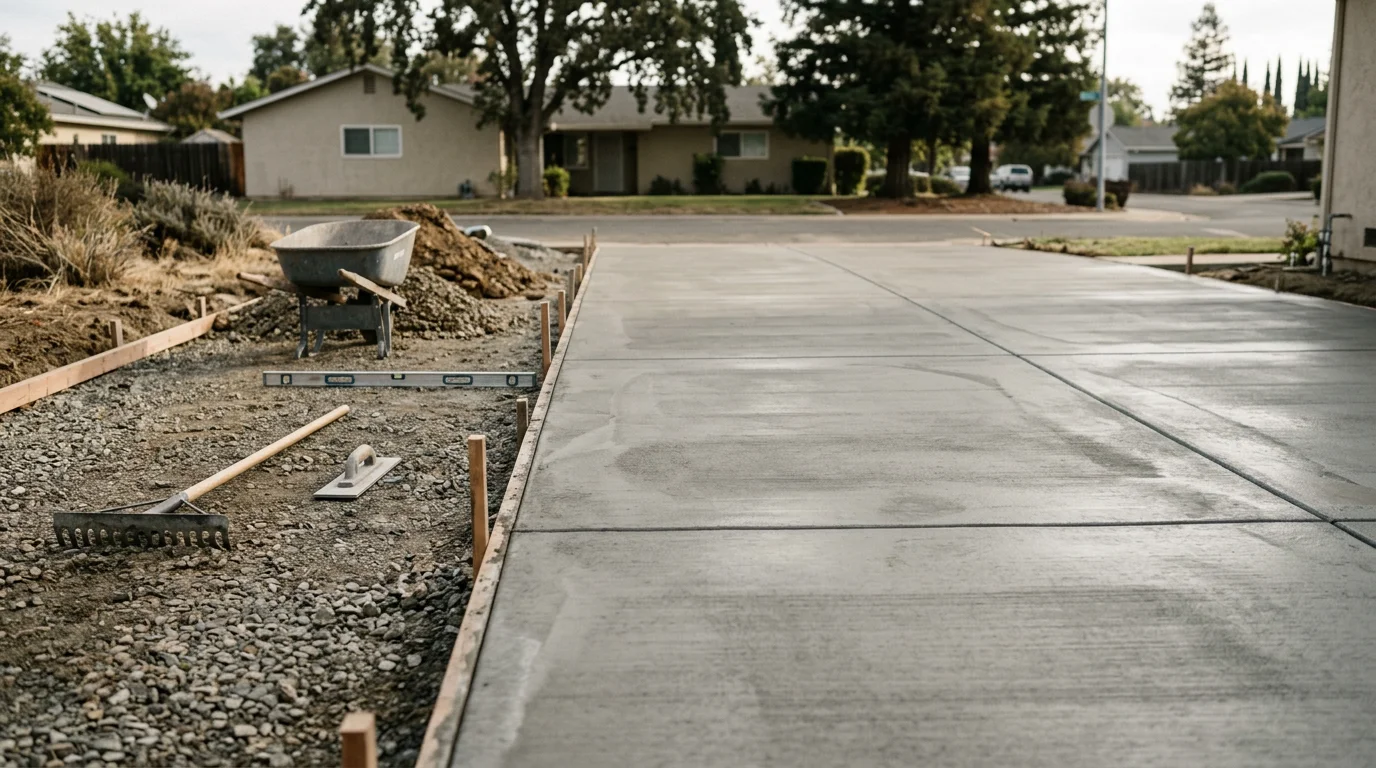 Freshly poured concrete driveway slab at a residential property in Lodi, California, with smooth finished surface and visible control joints. Construction crew working on site preparation in a Central Valley neighborhood setting.