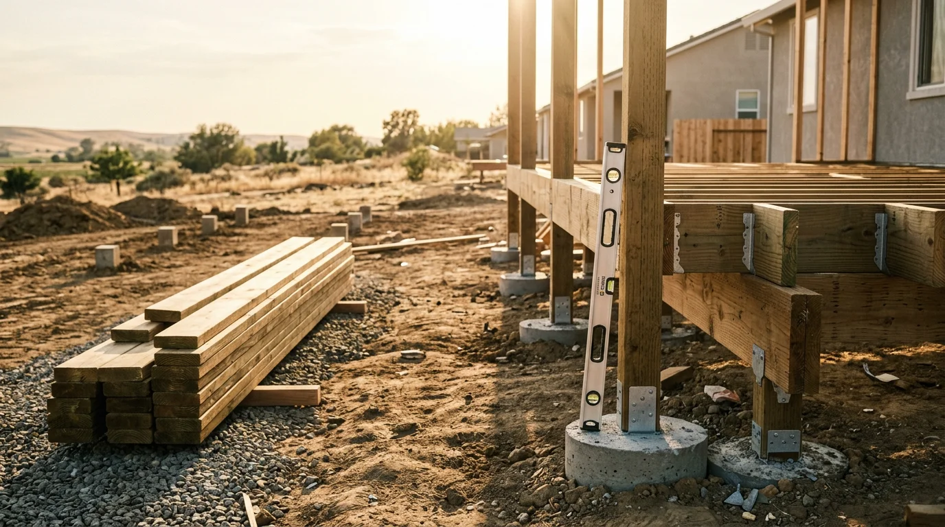 A newly constructed wood deck attached to the back of a single-family home in Lodi, California, with clean framing, level decking boards, and a finished railing. The Central Valley backyard setting shows a clear blue sky and a concrete patio transition at ground level.