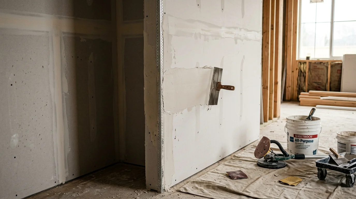 Freshly installed and taped drywall covering the walls and ceiling of a residential room addition in Lodi, California. The surface is smooth and ready for paint, with clean corner bead work visible at the edges.