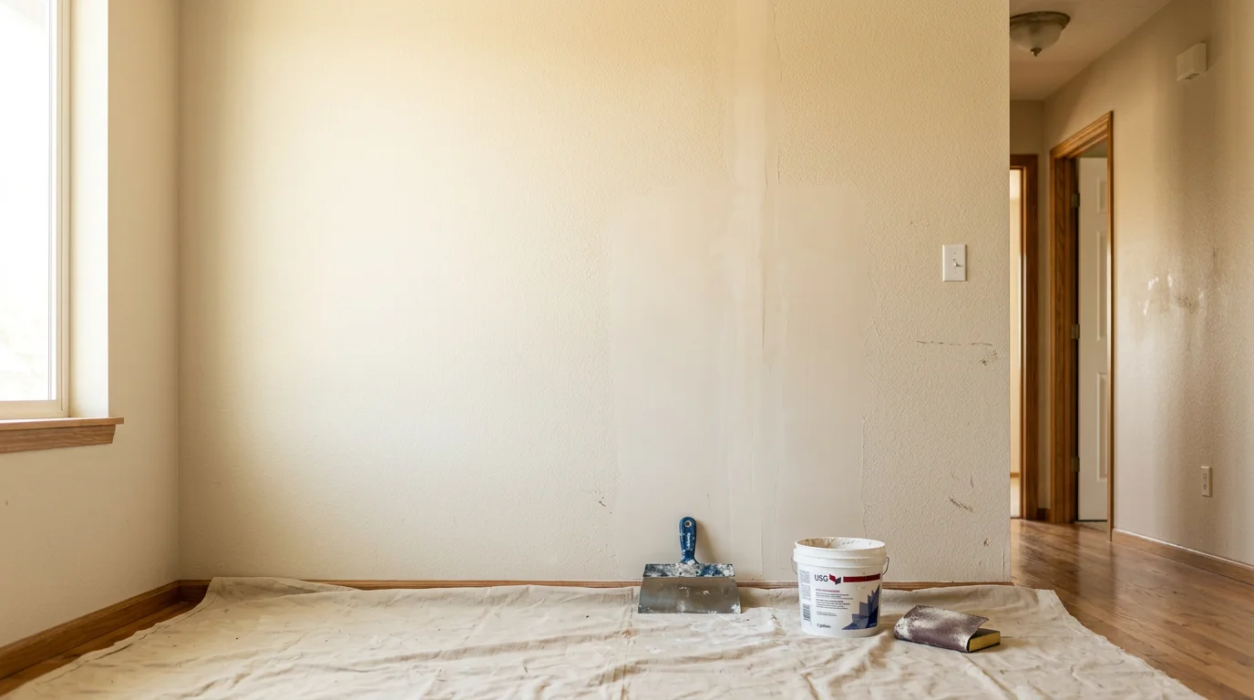 A freshly repaired and texture-matched drywall patch on an interior wall in a Lodi home, with smooth joint lines blending into the surrounding surface. The finished repair shows no visible seams or discoloration against the existing wall.
