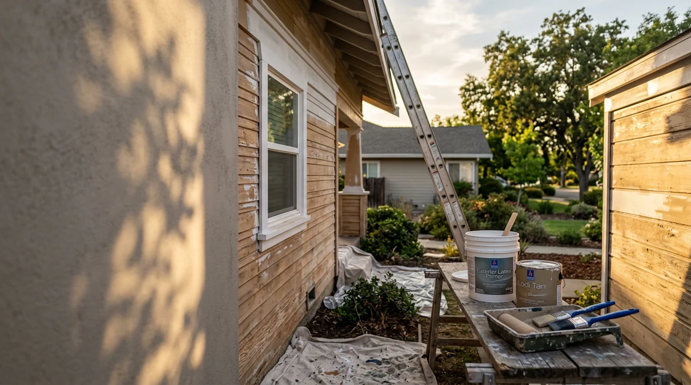 A freshly painted single-family home exterior in Lodi, California, with clean trim lines and smooth siding in a warm neutral color. The painted fascia and front door show careful prep work and even finish coat coverage.