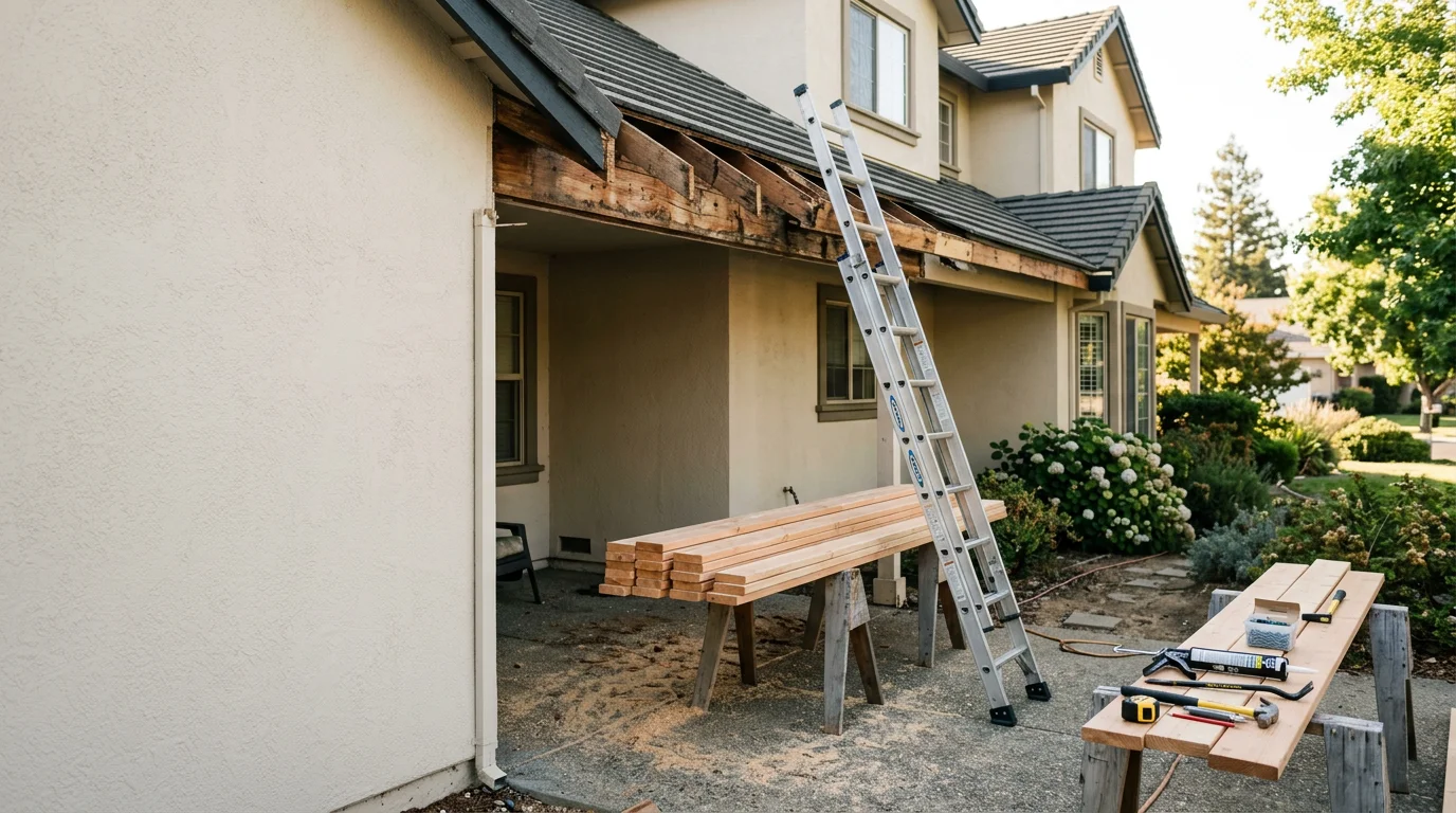 Exterior structural repair work on a single-family home in Lodi, California, showing repaired framing and restored exterior wall sections. Close view of finished repair work on a Central Valley residential property with clean, solid exterior structure.