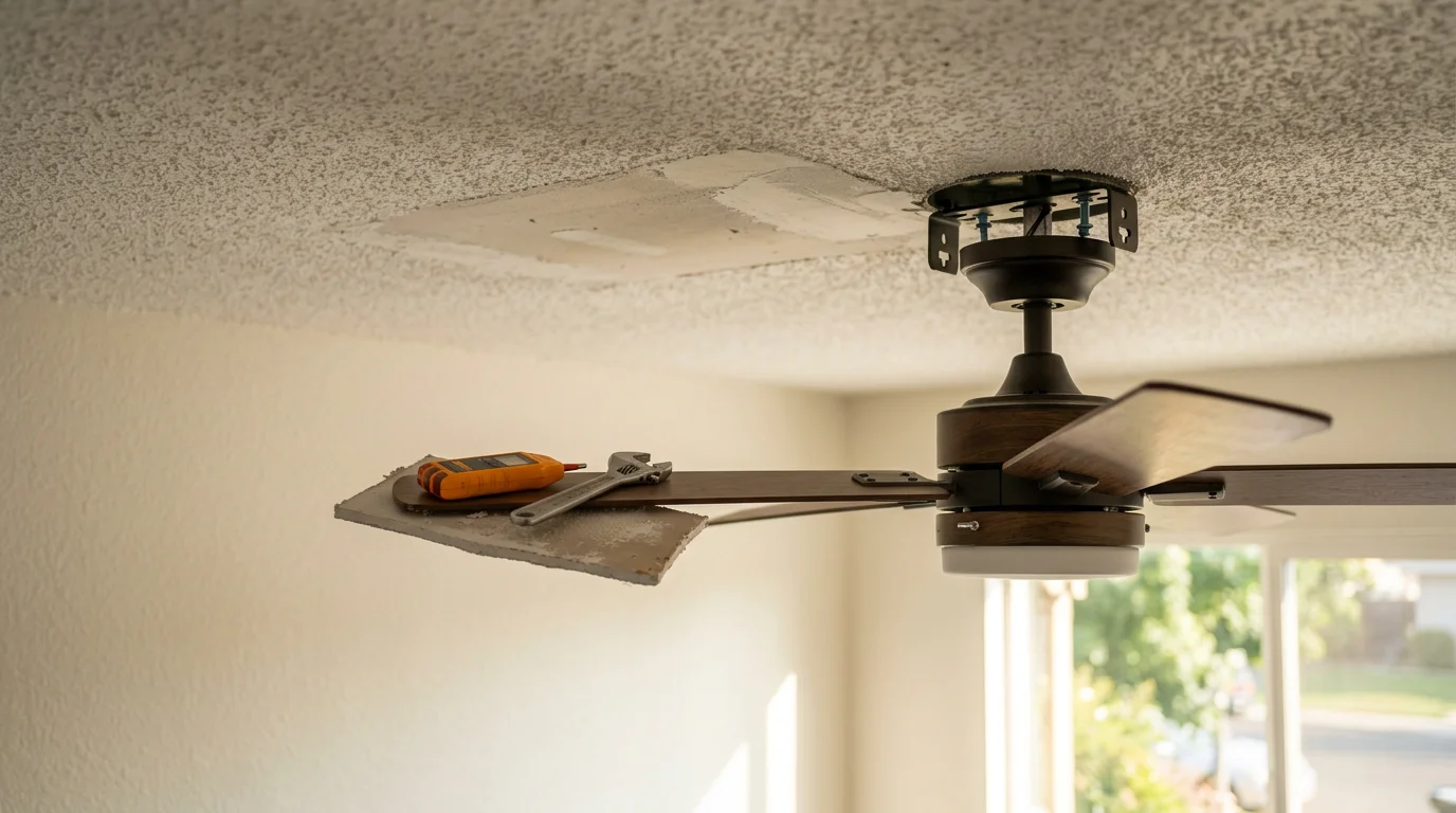 A ceiling fan mounted flush against a residential ceiling in a Lodi home, with clean wiring and a stable bracket visible above the canopy. The room shows a typical San Joaquin Valley single-family home interior with warm natural light.