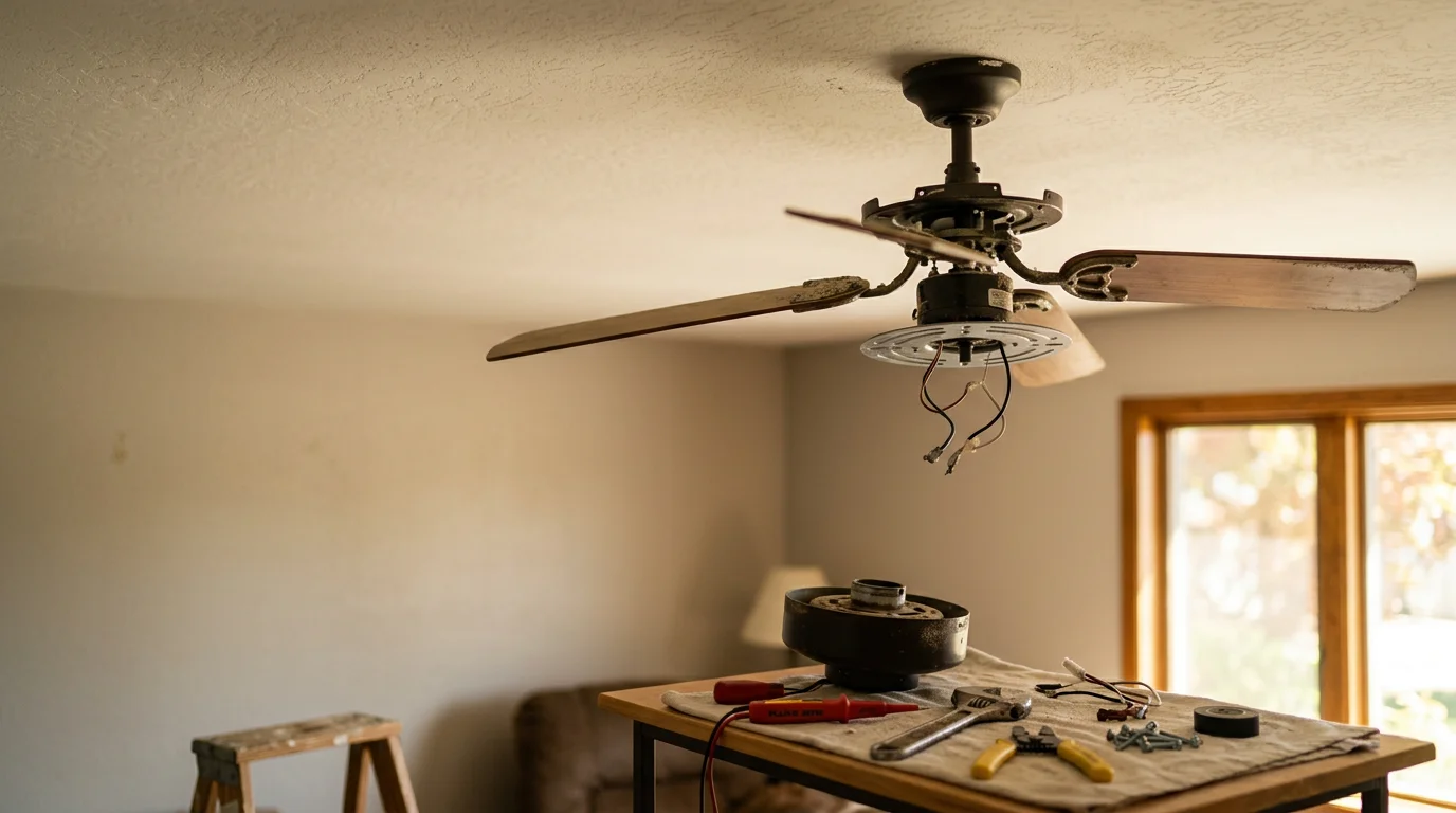 A ceiling fan mounted in a residential living room in Lodi, California, with blades level and hardware secured after a professional repair. A contractor inspects the mounting bracket and wiring connection at the ceiling junction box.