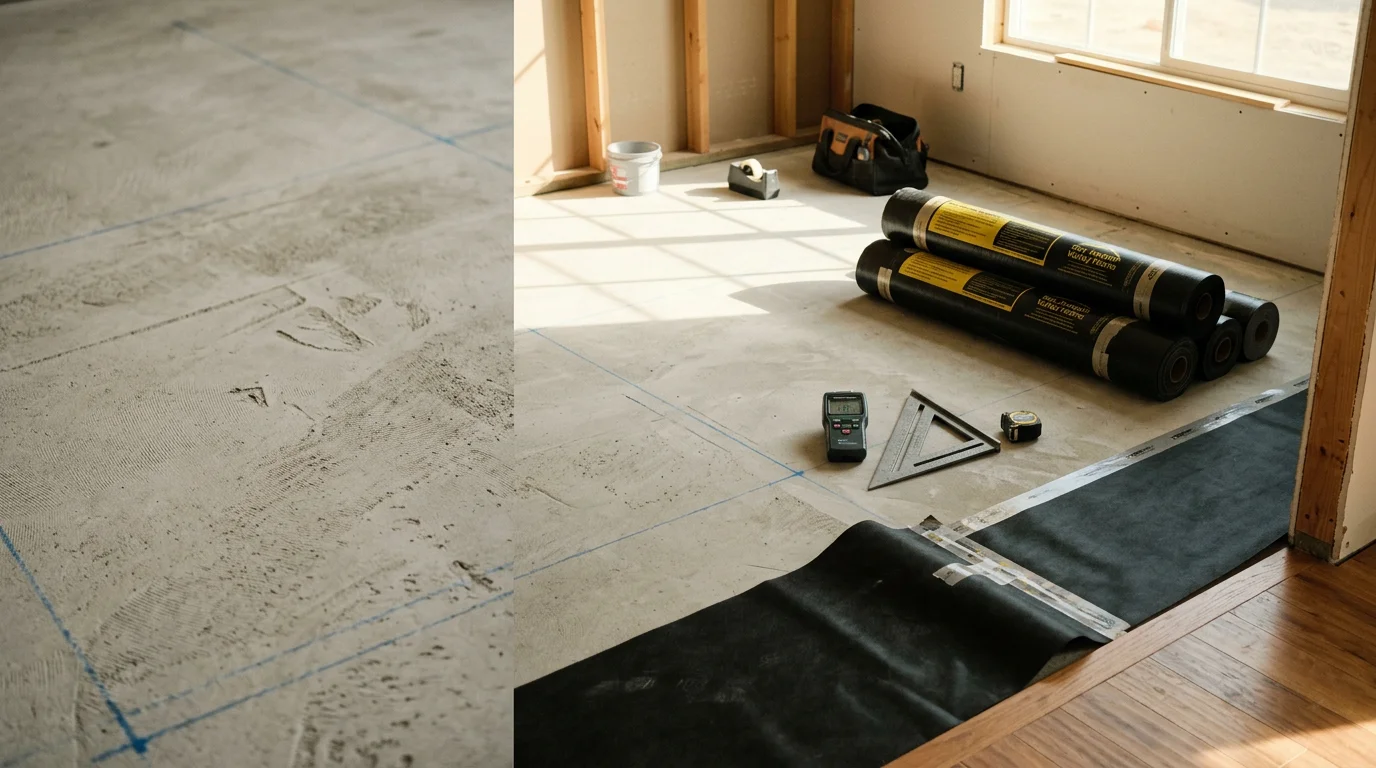 Freshly installed flooring in a single-story Lodi home, showing clean edges along the baseboards and a smooth, even surface throughout the main living area. A general contractor inspects the finished floor in a bright, open room typical of San Joaquin Valley residential construction.