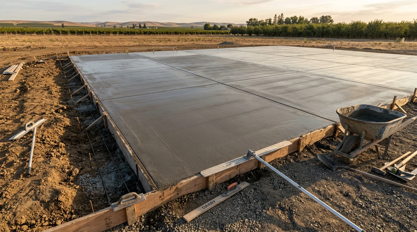 A freshly poured concrete foundation slab with steel reinforcement bars visible at the edges, set on a prepared gravel base at a residential construction site in Lodi, California. The surrounding Central Valley landscape and clear sky are visible in the background.