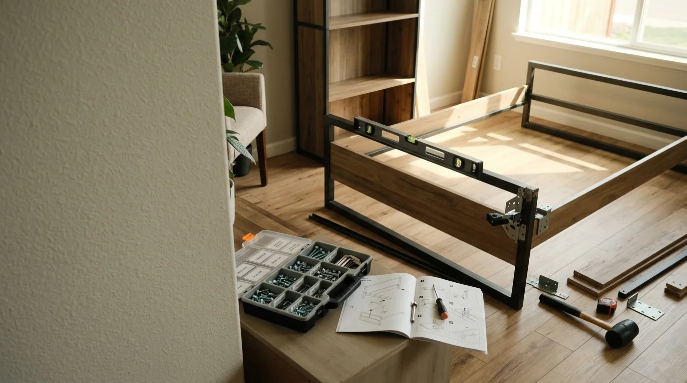 A fully assembled wooden bookcase standing against the wall of a living room in a new construction home in Lodi, California. Tools are packed away and the shelves are level and secure.