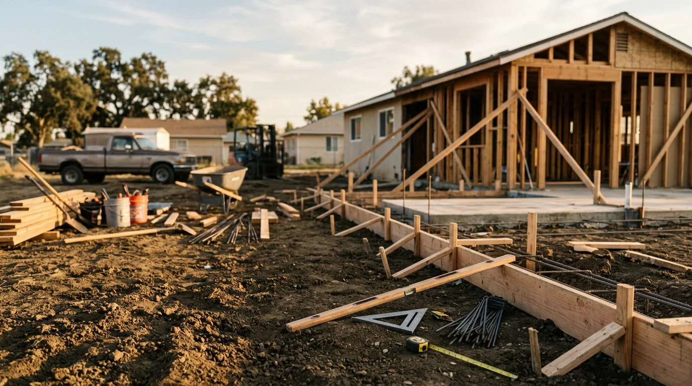 A completed general construction project on a residential property in Lodi, California, showing clean structural work and finished exterior improvements. SSG Construction crew working on a home addition in the San Joaquin Valley.