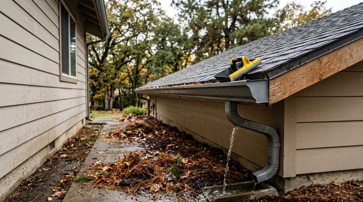 A contractor clearing packed leaf and pine needle debris from a residential gutter on a single-family home in Lodi, California. The downspout below is flushed clean with water flowing freely away from the home's foundation.