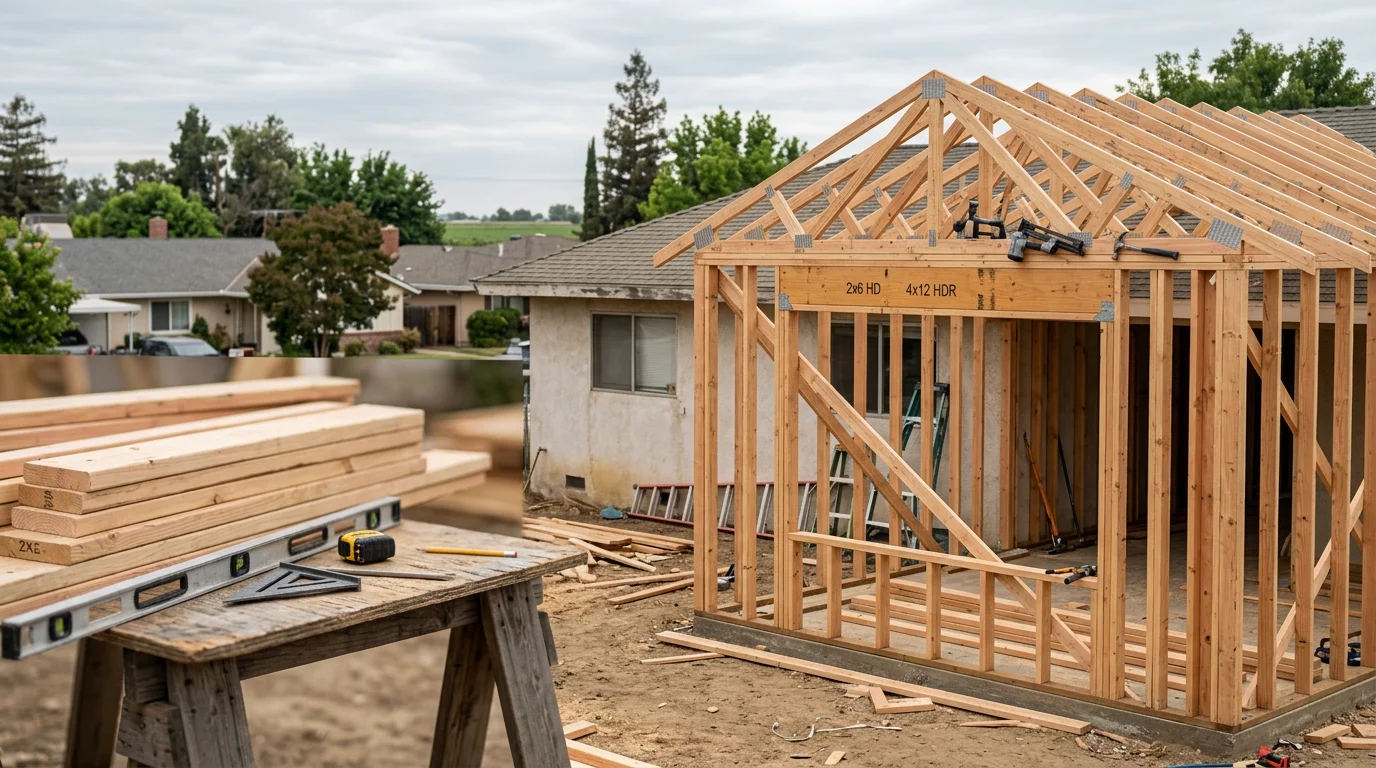 A newly completed home addition in Lodi, California, showing a framed and finished room extension attached to an existing single-family house. The exterior siding and roofline of the addition match the original structure.