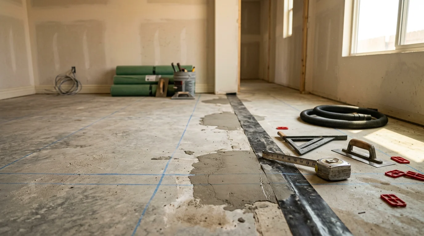 Freshly installed flooring in a single-story Lodi, California home, showing clean plank lines running through an open living area. A general contractor inspects the finished floor edge near the baseboard trim.
