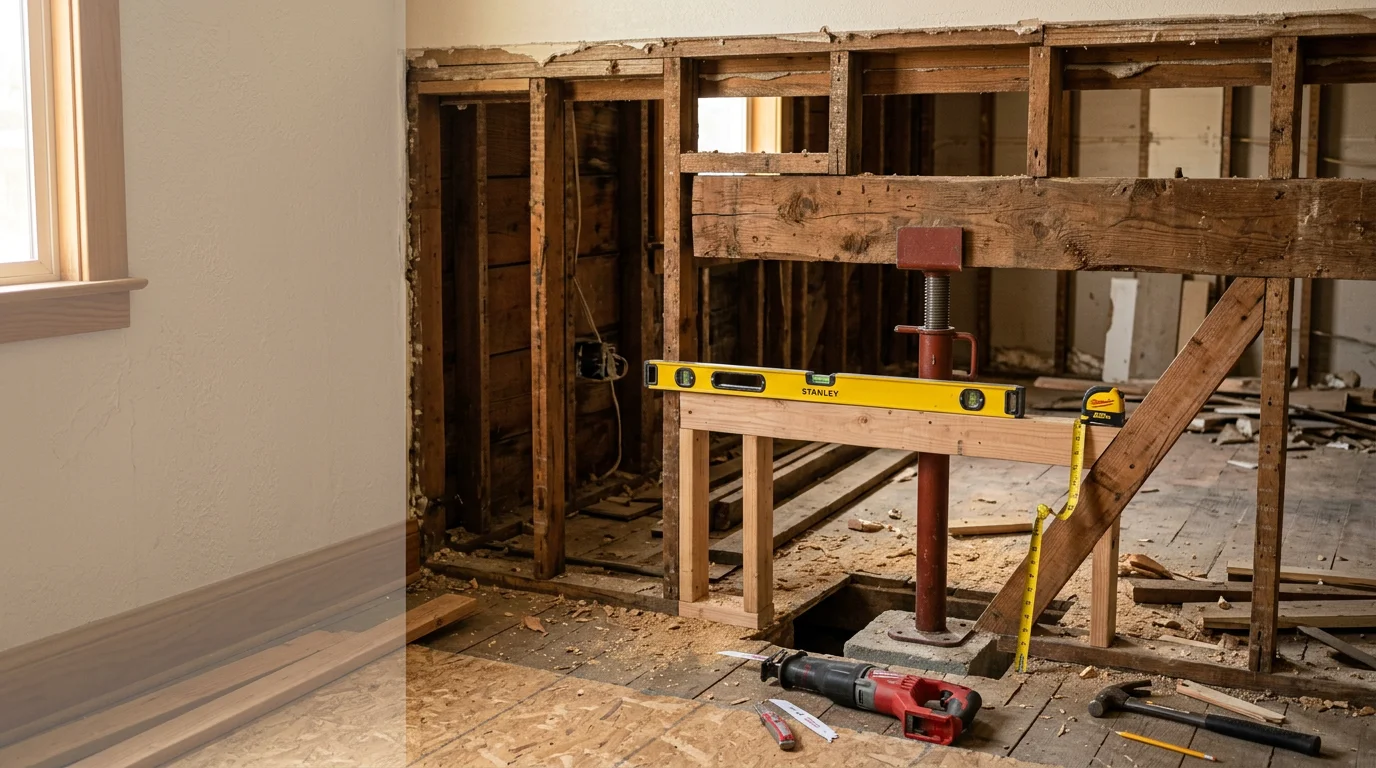 Interior view of a Lodi home showing repaired floor framing and restored wall structure after interior structural repair work by SSG Construction. The finished space shows level floors and solid walls ready for finish materials.