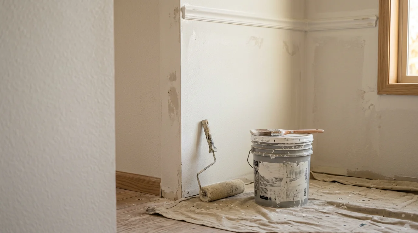 Freshly painted interior living room walls with clean trim lines in a Lodi, California home. A general contractor applies a smooth, even coat to a prepped wall surface in a Central Valley residential property.