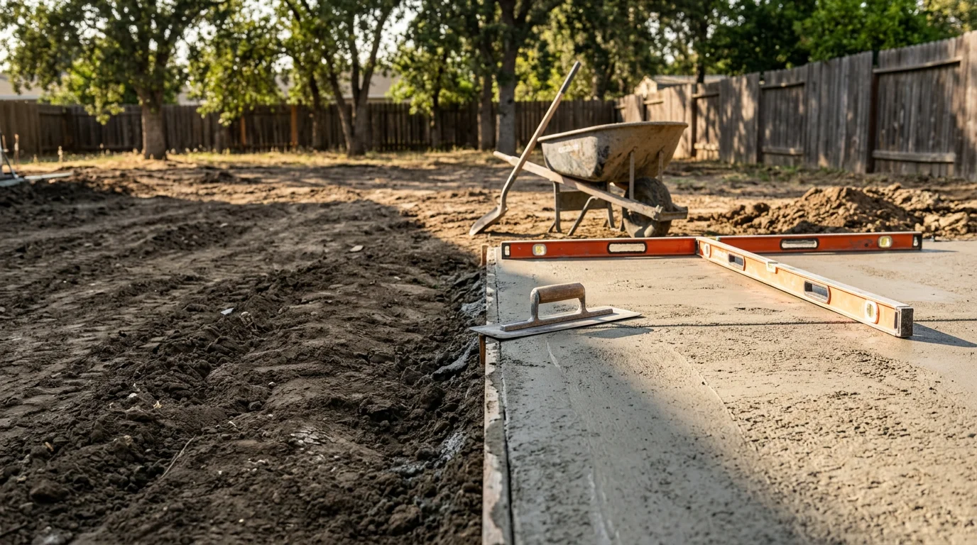 A finished concrete patio behind a residential home in Lodi, California, with clean edges and a level surface ready for outdoor furniture. The backyard setting reflects the warm Central Valley climate with open sky and a well-defined outdoor living area.