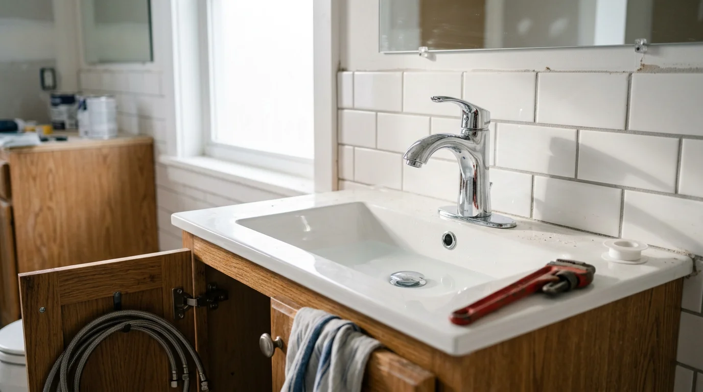 A newly installed bathroom sink and faucet in a remodeled home in Lodi, California, with clean connections and finished cabinetry visible below. A general contractor completes the fixture installation as part of a broader bathroom renovation project.