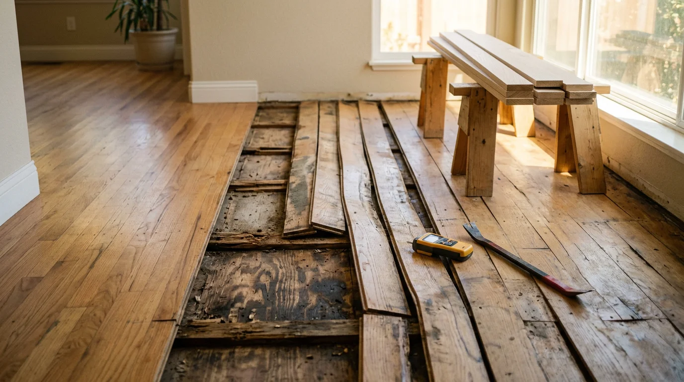 A repaired hardwood floor in a Lodi home showing smooth, even boards with no warping, gaps, or soft spots. A general contractor kneels nearby inspecting the finished surface in a residential living room.