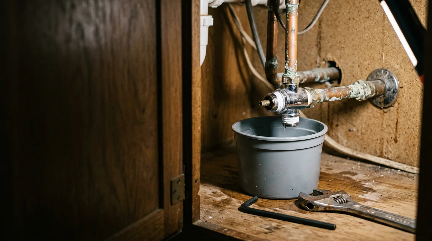 A repaired kitchen faucet with clean, dry connections beneath the sink in a Lodi home. Close-up view showing properly seated supply lines and a fixture free of corrosion or dripping water.