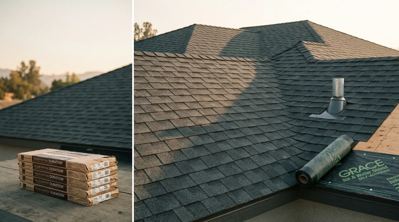 A completed residential roof installation on a single-family home in Lodi, California, showing clean rooflines and finished flashing details against a clear Central Valley sky.