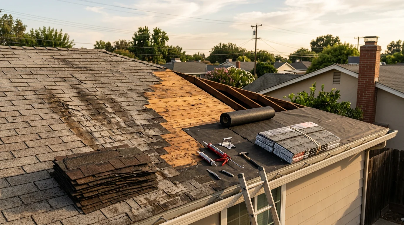 A residential roof in Lodi, California showing repaired shingles and resealed flashing around a roof vent. The home sits in a Central Valley neighborhood under clear summer skies.