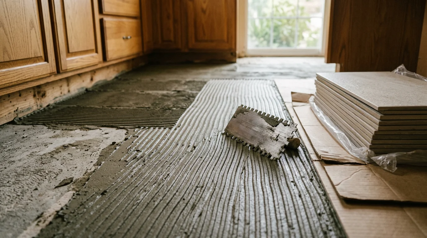 Freshly installed tile floor in a Lodi home bathroom, showing clean grout lines and level tile set against a tiled shower wall. General contractor tile installation work completed by SSG Construction in the San Joaquin Valley.