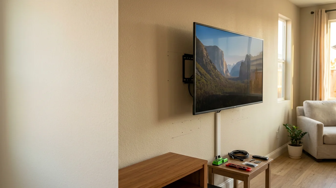 A flat-screen TV mounted flush on a living room wall in a Lodi home, with cables neatly concealed and the screen positioned at eye level above a media console.